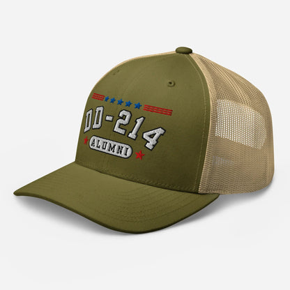 DD - 214 Alumni Snapback Trucker Cap - White Embroidery, Celebrate Your Military Journey! - SKULLFURY MERCH