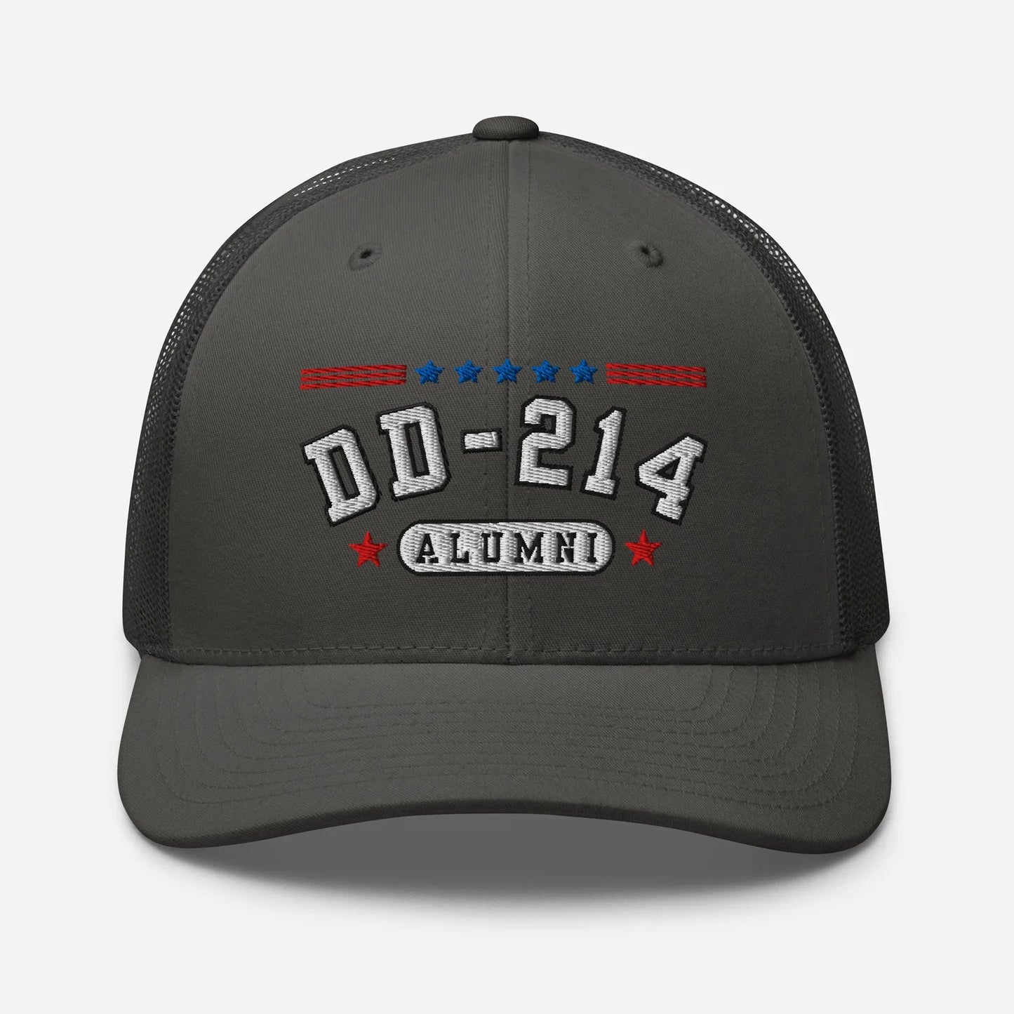 DD - 214 Alumni Snapback Trucker Cap - White Embroidery, Celebrate Your Military Journey! - SKULLFURY MERCH