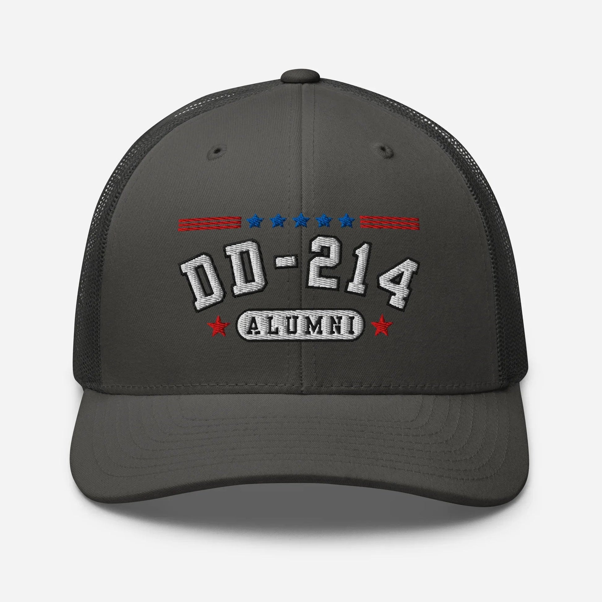 DD - 214 Alumni Snapback Trucker Cap - White Embroidery, Celebrate Your Military Journey! - SKULLFURY MERCH