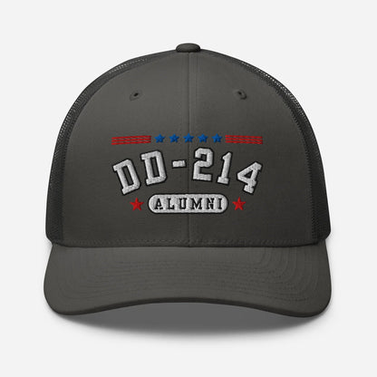 DD - 214 Alumni Snapback Trucker Cap - White Embroidery, Celebrate Your Military Journey! - SKULLFURY MERCH