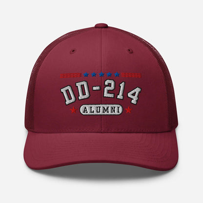 DD - 214 Alumni Snapback Trucker Cap - White Embroidery, Celebrate Your Military Journey! - SKULLFURY MERCH