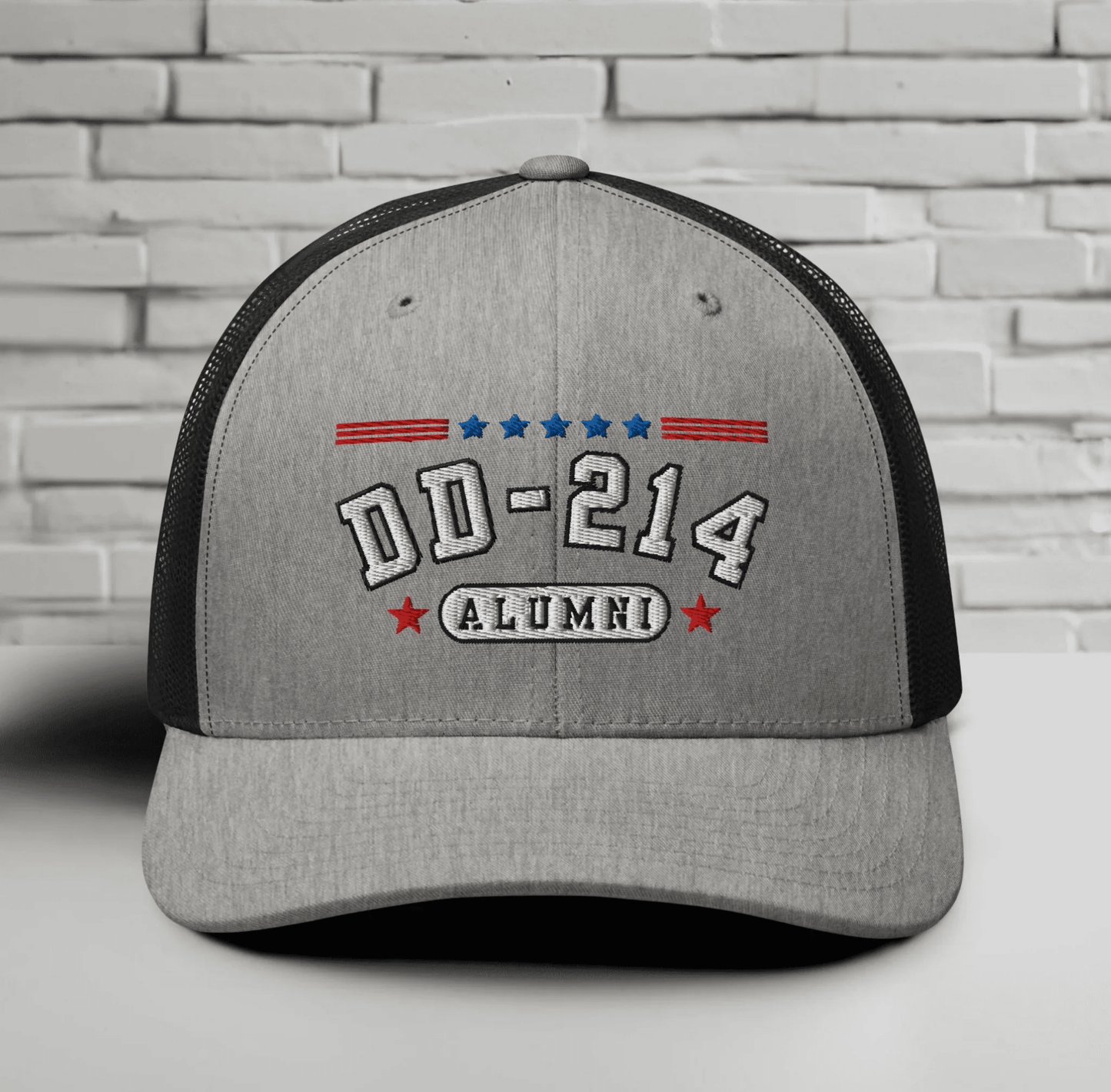 DD - 214 Alumni Snapback Trucker Cap - White Embroidery, Celebrate Your Military Journey! - SKULLFURY MERCH