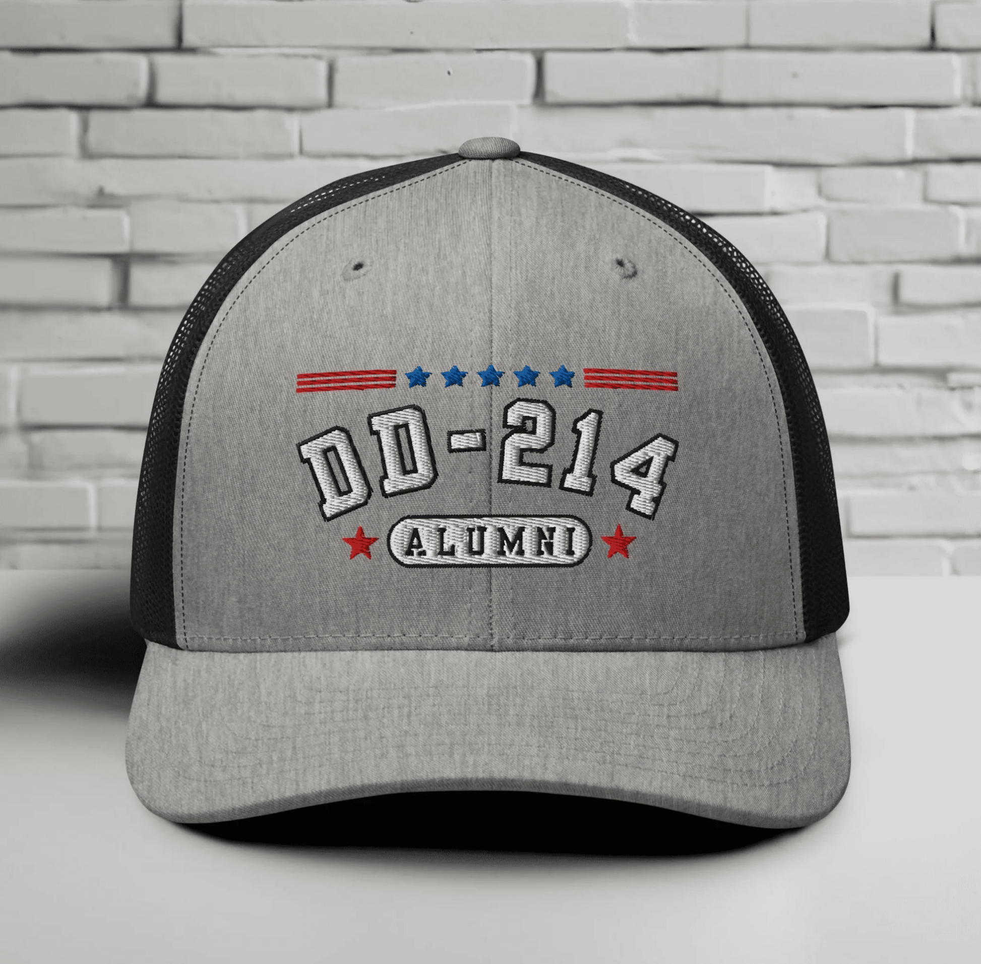 DD - 214 Alumni Snapback Trucker Cap - White Embroidery, Celebrate Your Military Journey! - SKULLFURY MERCH