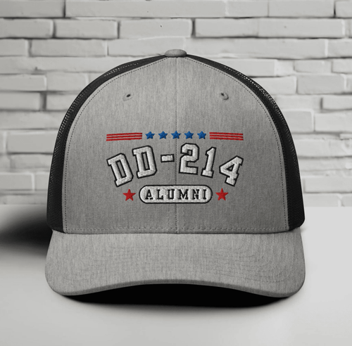 DD - 214 Alumni Snapback Trucker Cap - White Embroidery, Celebrate Your Military Journey! - SKULLFURY MERCH