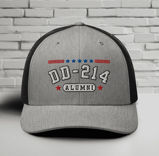 DD - 214 Alumni Snapback Trucker Cap - White Embroidery, Celebrate Your Military Journey! - SKULLFURY MERCH