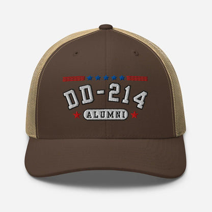 DD - 214 Alumni Snapback Trucker Cap - White Embroidery, Celebrate Your Military Journey! - SKULLFURY MERCH