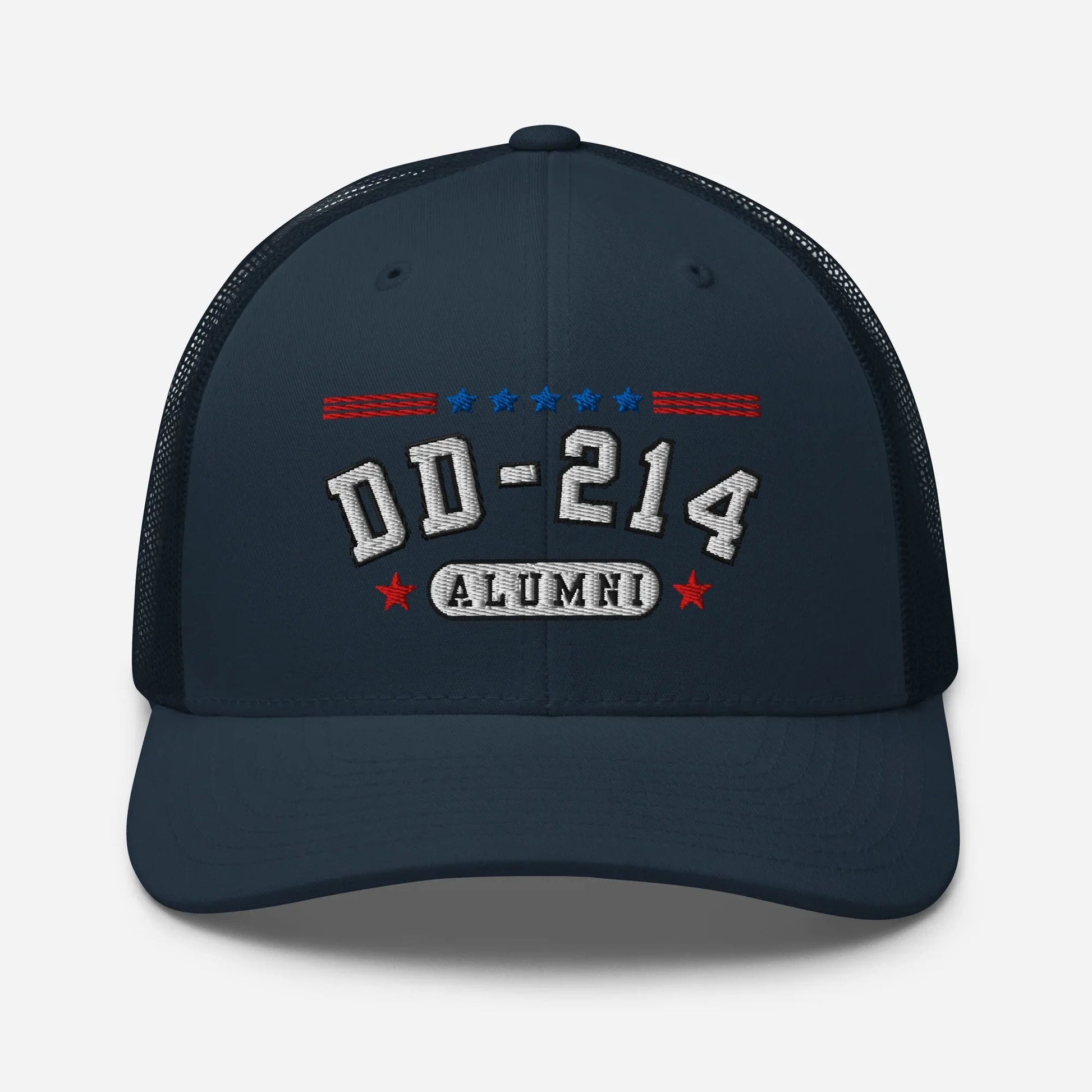 DD - 214 Alumni Snapback Trucker Cap - White Embroidery, Celebrate Your Military Journey! - SKULLFURY MERCH