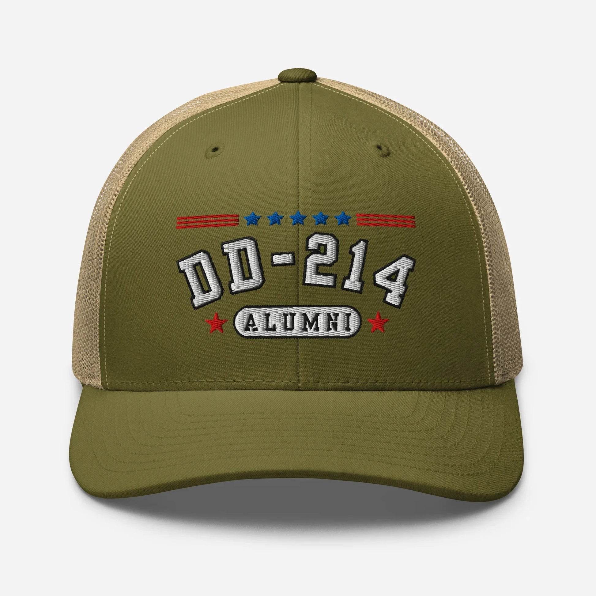 DD - 214 Alumni Snapback Trucker Cap - White Embroidery, Celebrate Your Military Journey! - SKULLFURY MERCH