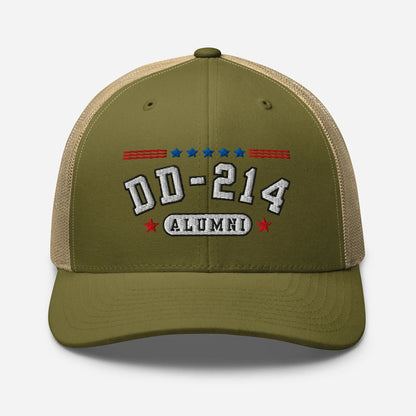 DD - 214 Alumni Snapback Trucker Cap - White Embroidery, Celebrate Your Military Journey! - SKULLFURY MERCH
