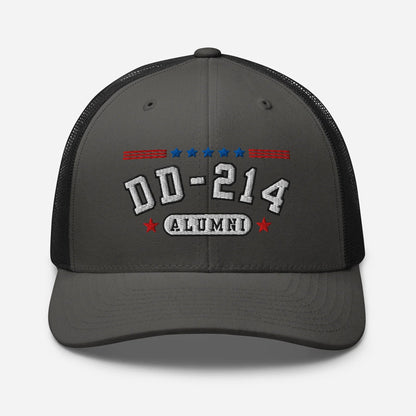 DD - 214 Alumni Snapback Trucker Cap - White Embroidery, Celebrate Your Military Journey! - SKULLFURY MERCH