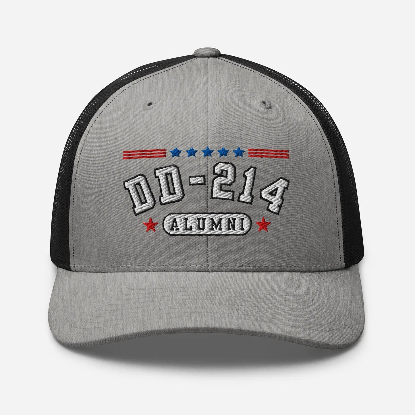 DD - 214 Alumni Snapback Trucker Cap - White Embroidery, Celebrate Your Military Journey! - SKULLFURY MERCH