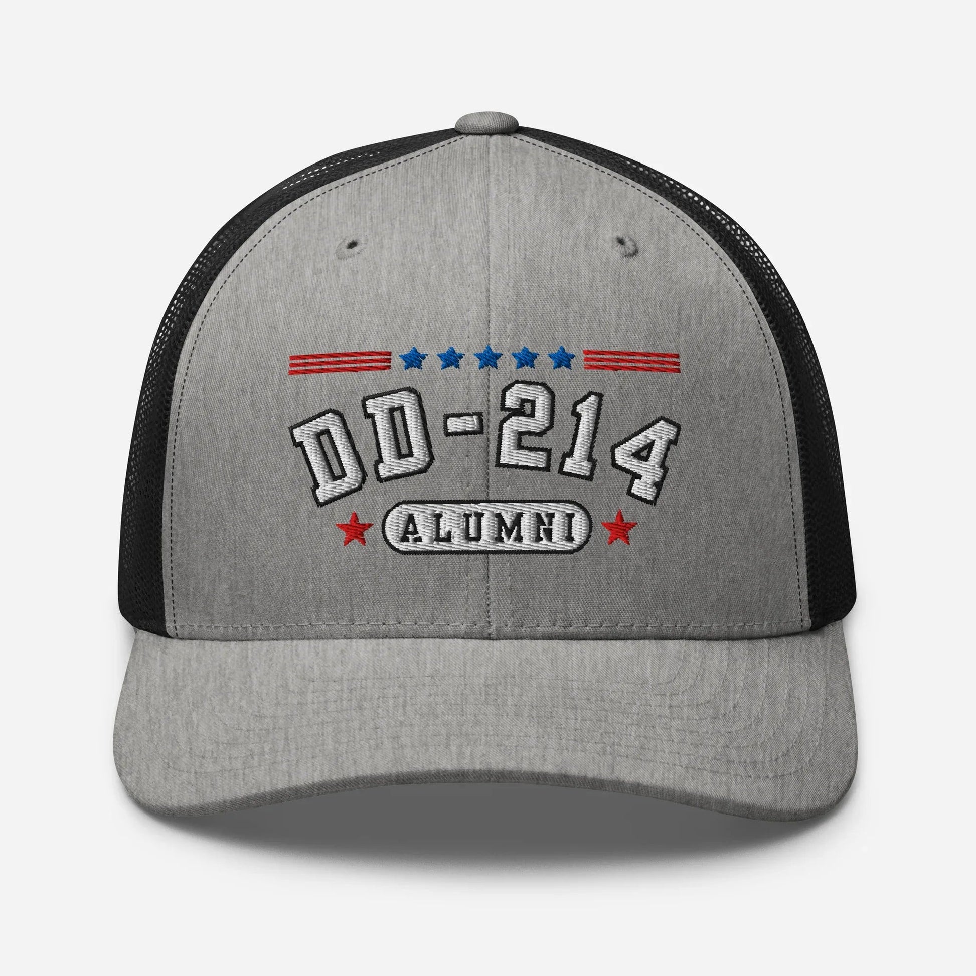 DD - 214 Alumni Snapback Trucker Cap - White Embroidery, Celebrate Your Military Journey! - SKULLFURY MERCH