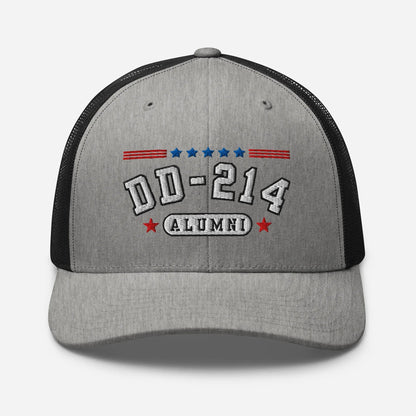 DD - 214 Alumni Snapback Trucker Cap - White Embroidery, Celebrate Your Military Journey! - SKULLFURY MERCH