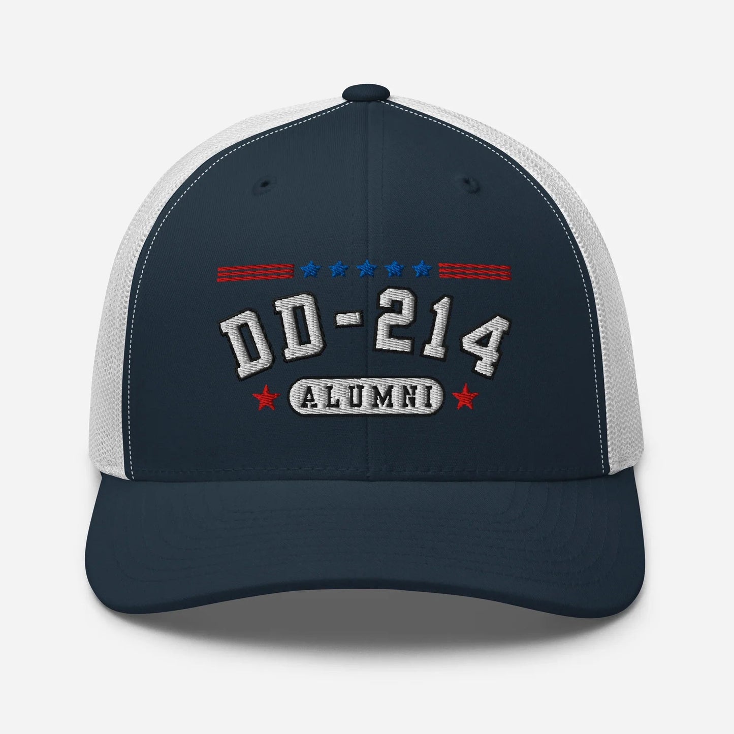 DD - 214 Alumni Snapback Trucker Cap - White Embroidery, Celebrate Your Military Journey! - SKULLFURY MERCH