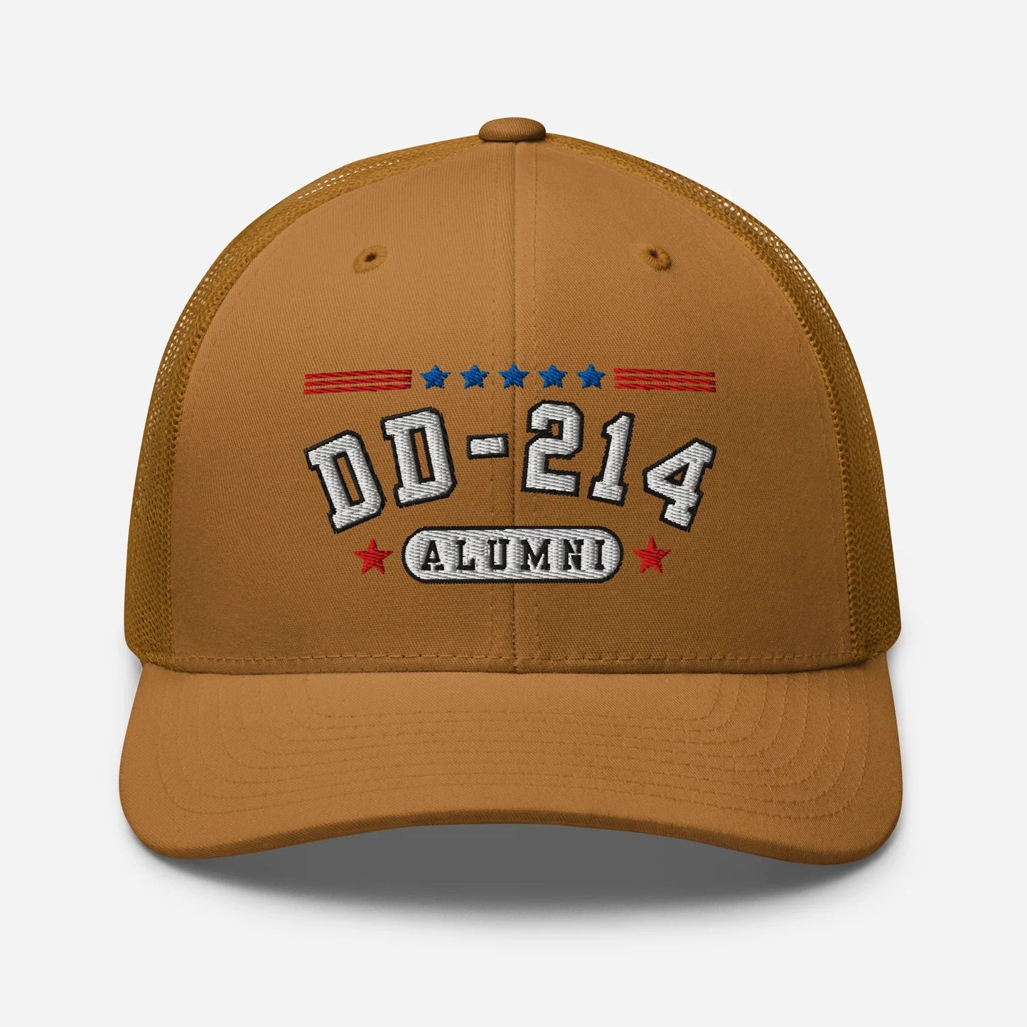 DD - 214 Alumni Snapback Trucker Cap - White Embroidery, Celebrate Your Military Journey! - SKULLFURY MERCH