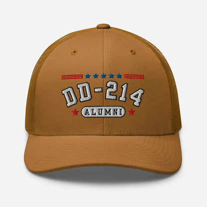DD - 214 Alumni Snapback Trucker Cap - White Embroidery, Celebrate Your Military Journey! - SKULLFURY MERCH