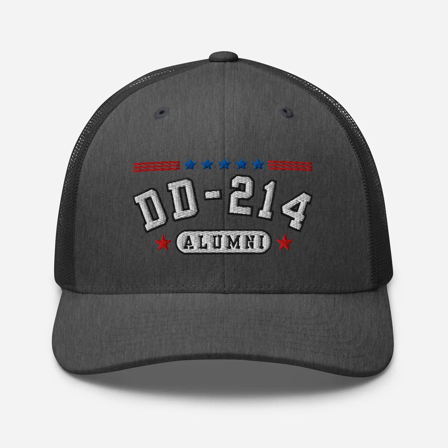 DD - 214 Alumni Snapback Trucker Cap - White Embroidery, Celebrate Your Military Journey! - SKULLFURY MERCH