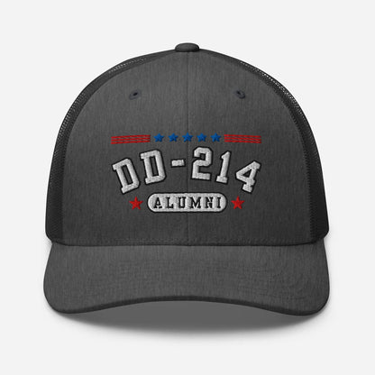 DD - 214 Alumni Snapback Trucker Cap - White Embroidery, Celebrate Your Military Journey! - SKULLFURY MERCH