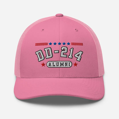 DD - 214 Alumni Snapback Trucker Cap - White Embroidery, Celebrate Your Military Journey! - SKULLFURY MERCH