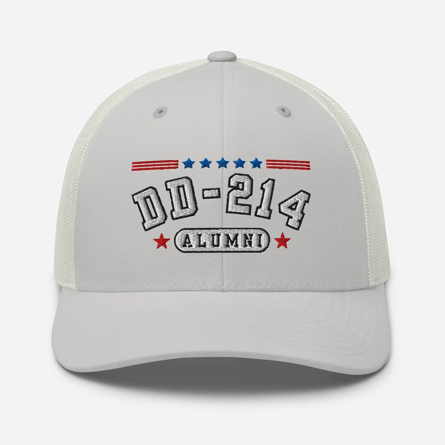 DD - 214 Alumni Snapback Trucker Cap - White Embroidery, Celebrate Your Military Journey! - SKULLFURY MERCH