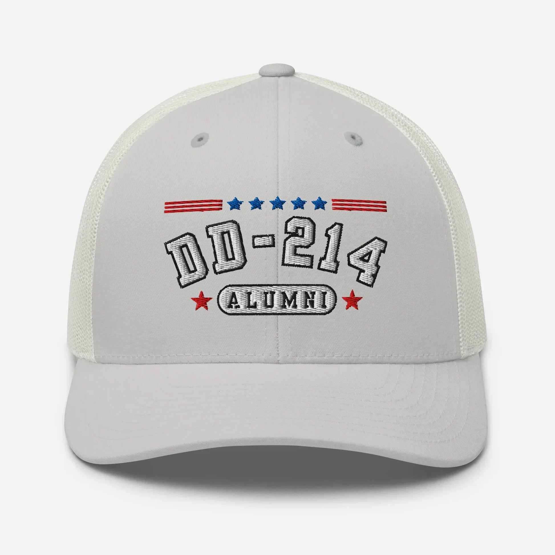DD - 214 Alumni Snapback Trucker Cap - White Embroidery, Celebrate Your Military Journey! - SKULLFURY MERCH