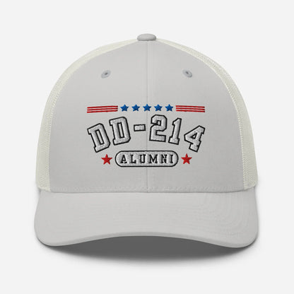 DD - 214 Alumni Snapback Trucker Cap - White Embroidery, Celebrate Your Military Journey! - SKULLFURY MERCH