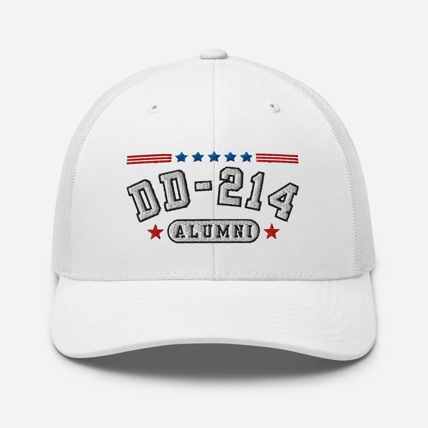 DD - 214 Alumni Snapback Trucker Cap - White Embroidery, Celebrate Your Military Journey! - SKULLFURY MERCH