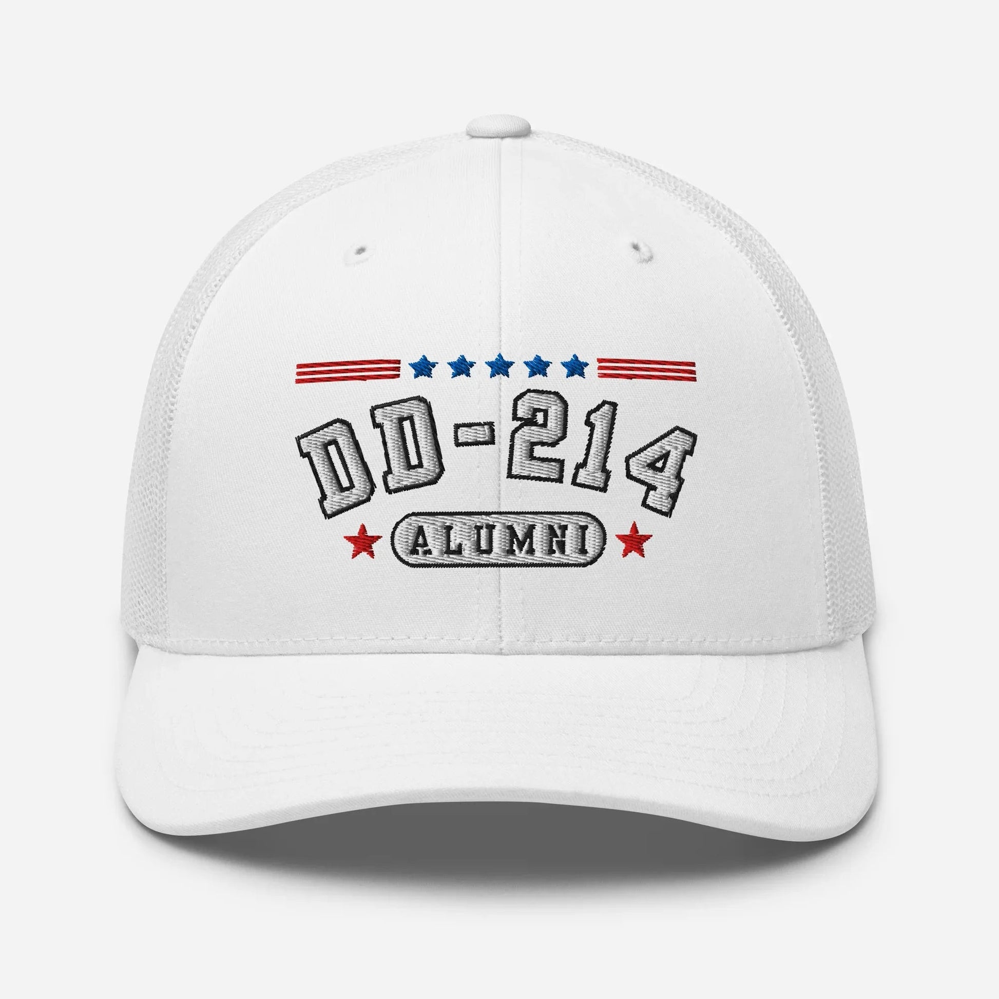 DD - 214 Alumni Snapback Trucker Cap - White Embroidery, Celebrate Your Military Journey! - SKULLFURY MERCH