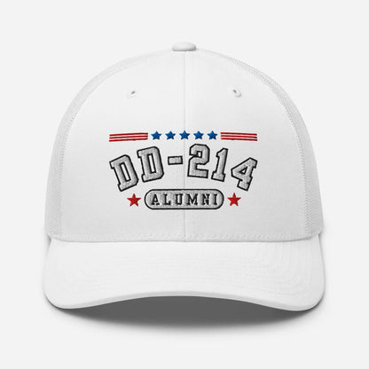DD - 214 Alumni Snapback Trucker Cap - White Embroidery, Celebrate Your Military Journey! - SKULLFURY MERCH