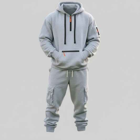 Men’s Fleece-Lined Cargo Hoodie & Jogger Set – Oversized Warm Tracksuit