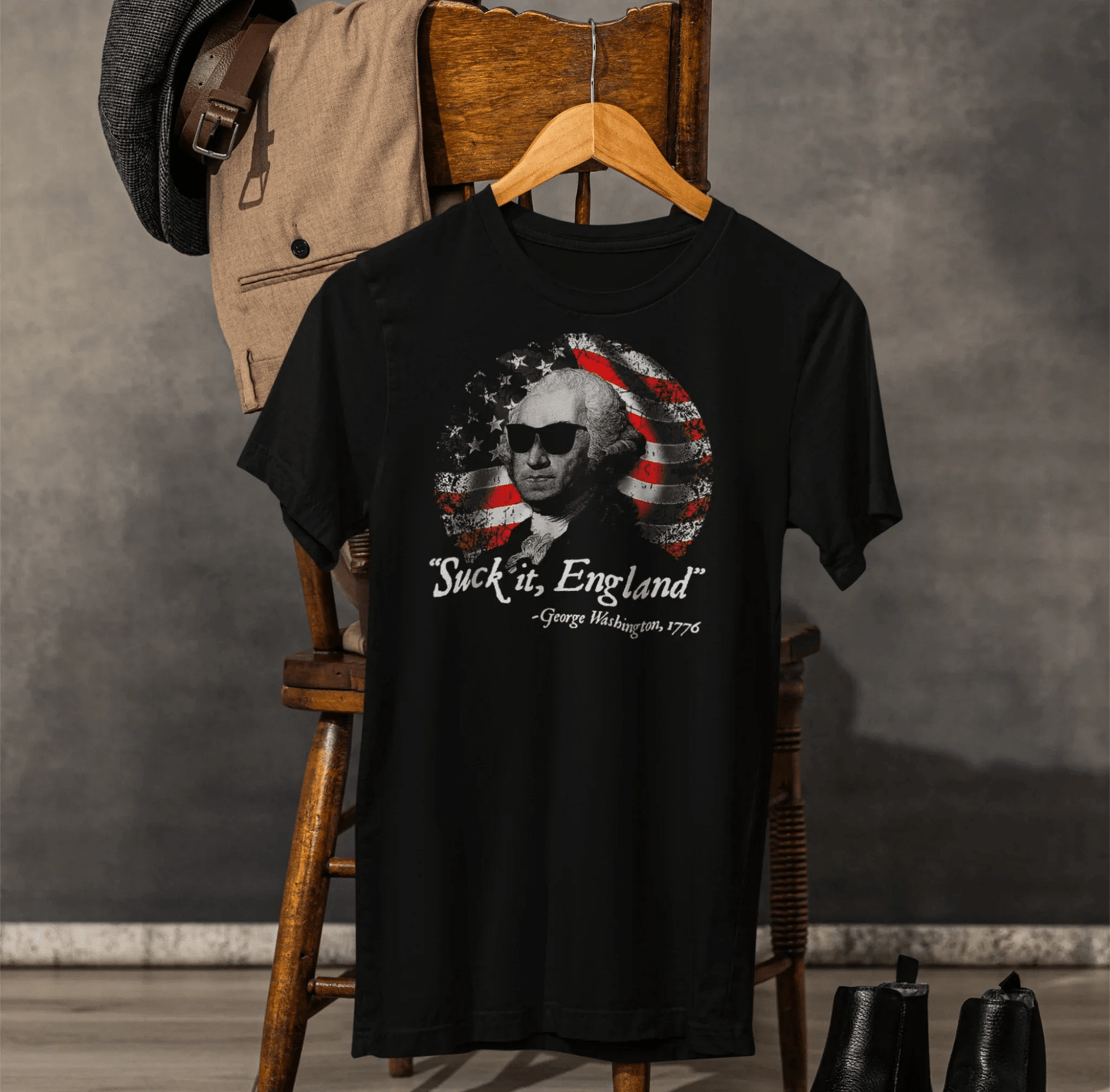 George Washington, Suck it England Unisex T-Shirt - Revolution Celebration Tee, Light - Hearted English Dig - SKULLFURY MERCH
