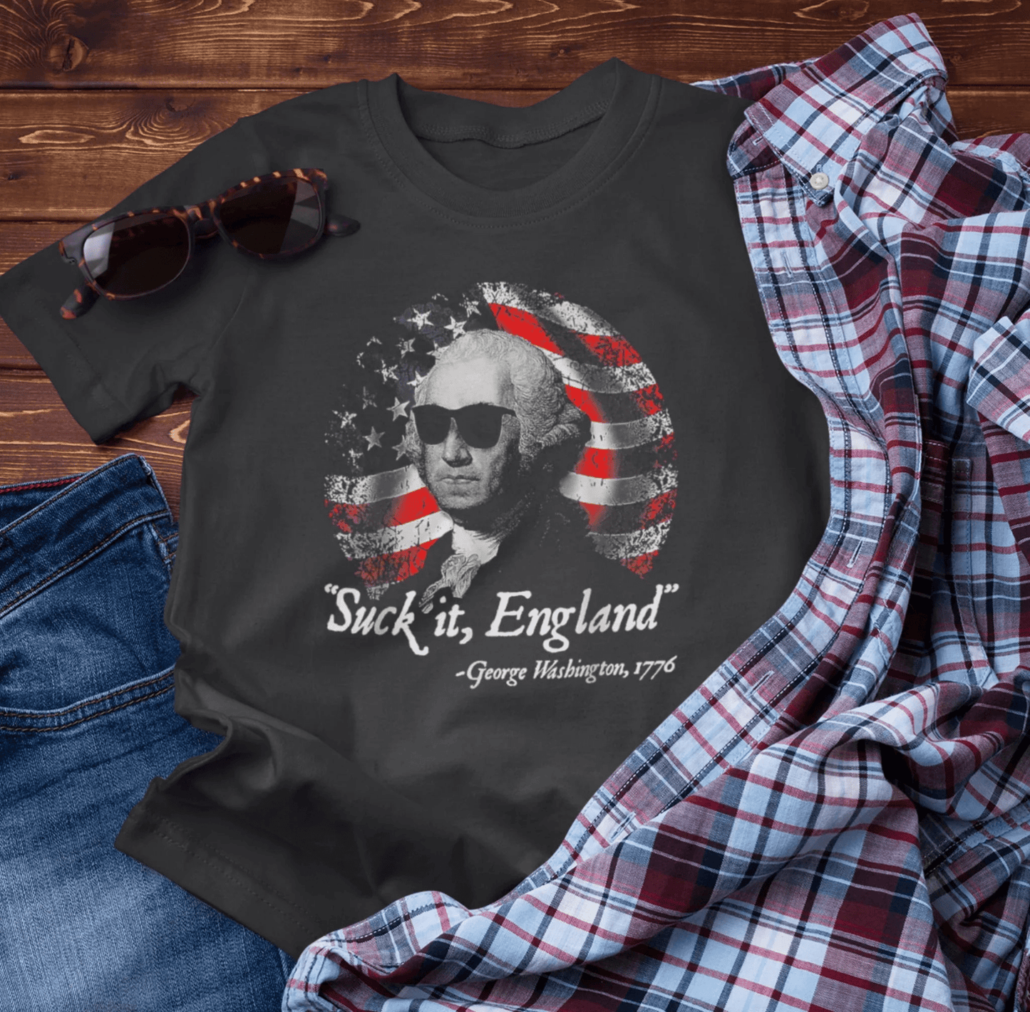 George Washington, Suck it England Unisex T-Shirt - Revolution Celebration Tee, Light - Hearted English Dig - SKULLFURY MERCH