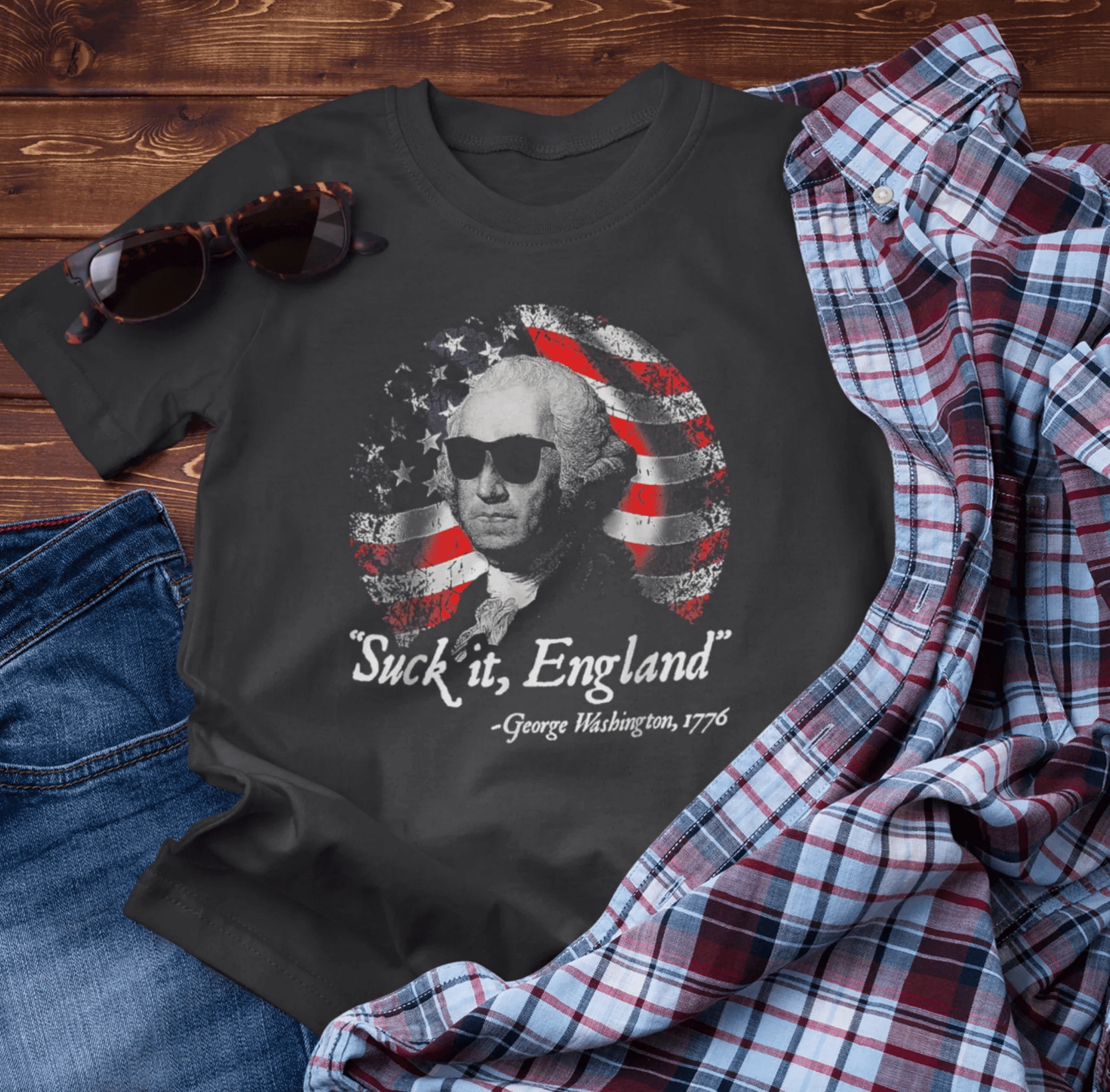 George Washington, Suck it England Unisex T-Shirt - Revolution Celebration Tee, Light - Hearted English Dig - SKULLFURY MERCH