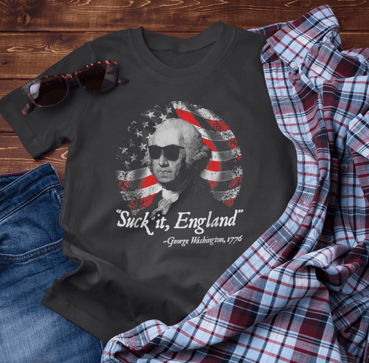 George Washington, Suck it England Unisex T-Shirt - Revolution Celebration Tee, Light - Hearted English Dig - SKULLFURY MERCH