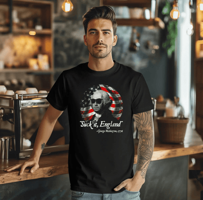 George Washington, Suck it England Unisex T-Shirt - Revolution Celebration Tee, Light - Hearted English Dig - SKULLFURY MERCH