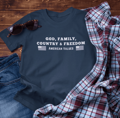 God, Family, Country & Freedom Unisex Tee - Patriotic Shirt, American Pride Tshirt, USA Patriotic Apparel, Independence Day Tee, Memorial - SKULLFURY MERCH