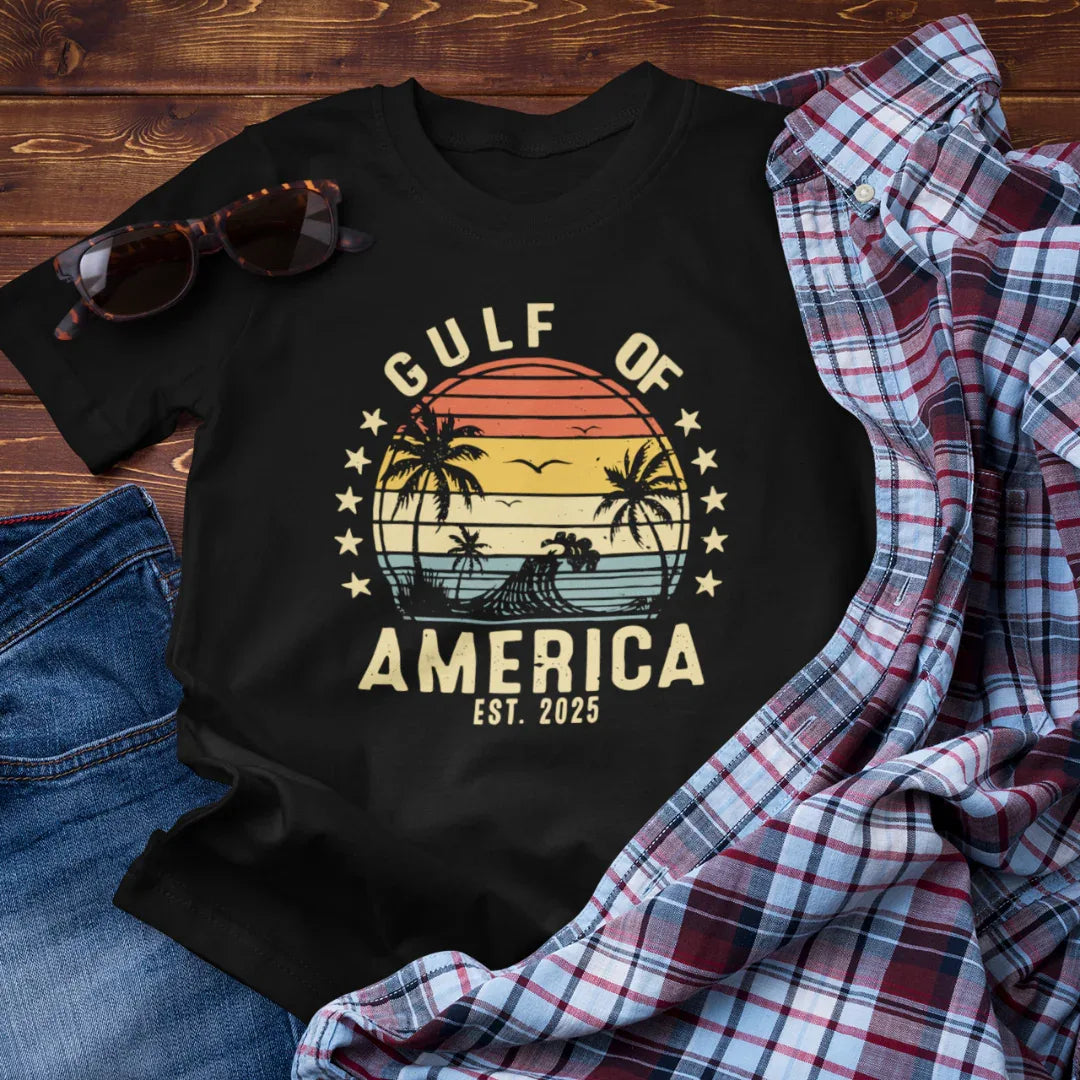 Gulf of America Unisex Tee, Tropical Vibes Shirt, Beach Graphic Tee, Vacation Apparel, Retro Sunset Top, Summer Fun T-Shirt - SKULLFURY MERCH
