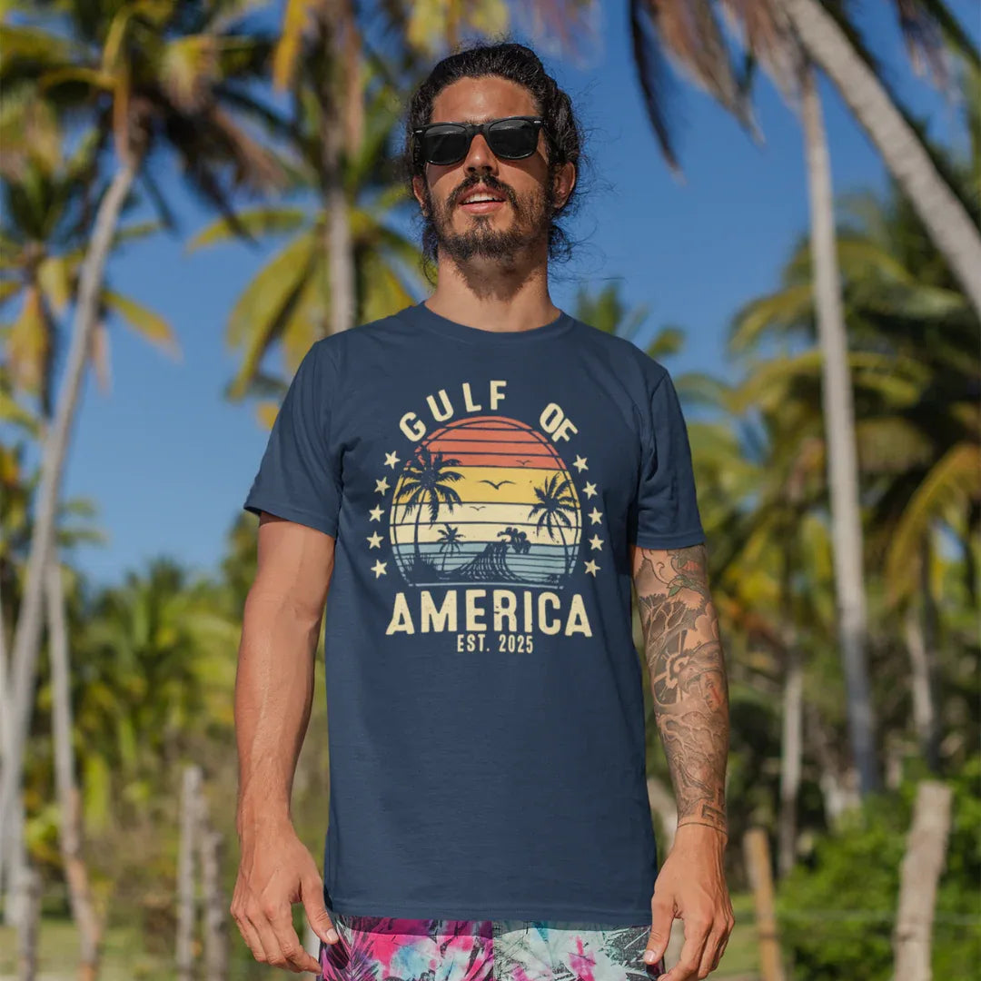 Gulf of America Unisex Tee, Tropical Vibes Shirt, Beach Graphic Tee, Vacation Apparel, Retro Sunset Top, Summer Fun T-Shirt - SKULLFURY MERCH