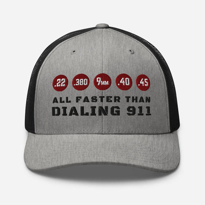 Humorous Snapback Trucker Cap - "All Faster Than Dialing 911" - SKULLFURY MERCH