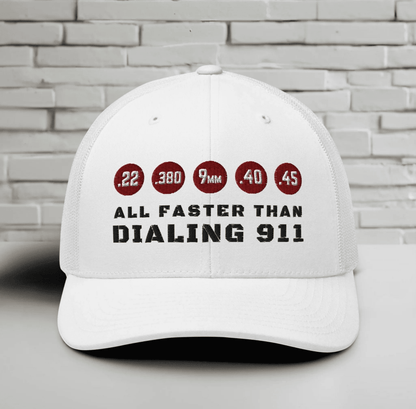 Humorous Snapback Trucker Cap - "All Faster Than Dialing 911" - SKULLFURY MERCH