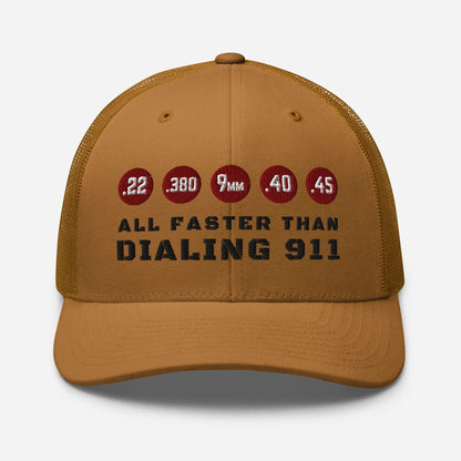 Humorous Snapback Trucker Cap - "All Faster Than Dialing 911" - SKULLFURY MERCH