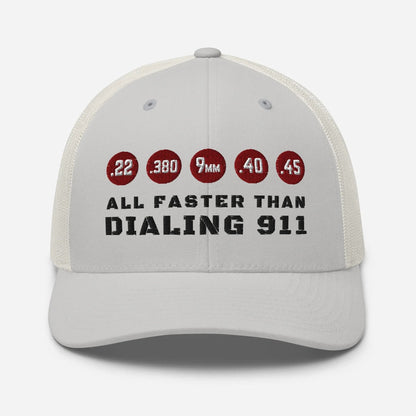 Humorous Snapback Trucker Cap - "All Faster Than Dialing 911" - SKULLFURY MERCH