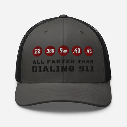 Humorous Snapback Trucker Cap - "All Faster Than Dialing 911" - SKULLFURY MERCH