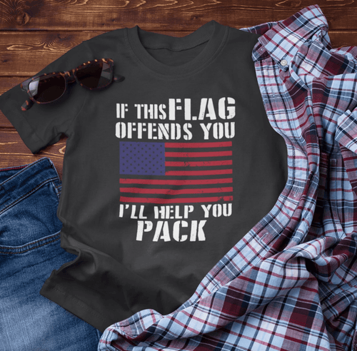 If This Flag Offends You I'll Help You Pack Patriotic T-Shirt, American Flag Gift, Patriotic Apparel, Red White Blue Tee - SKULLFURY MERCH