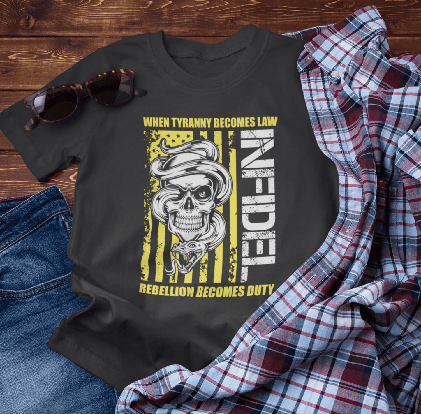 Infidel Rebellion Unisex T-Shirt, Patriotic Gift, Political Tee, Anti Tyranny USA Shirt, Protest Apparel - SKULLFURY MERCH