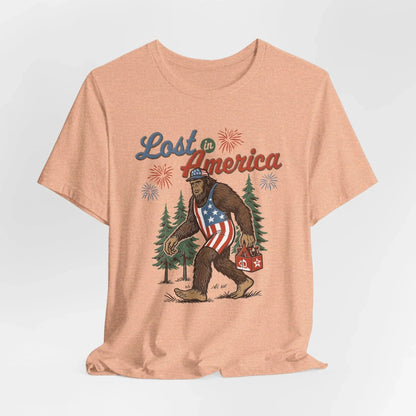 Lost in America Bigfoot Tee, Casual Summer Shirt, Outdoor Adventure Tee, Fun Gift for Nature Lovers, Festival Outfit, Patriotic Apparel - SKULLFURY MERCH