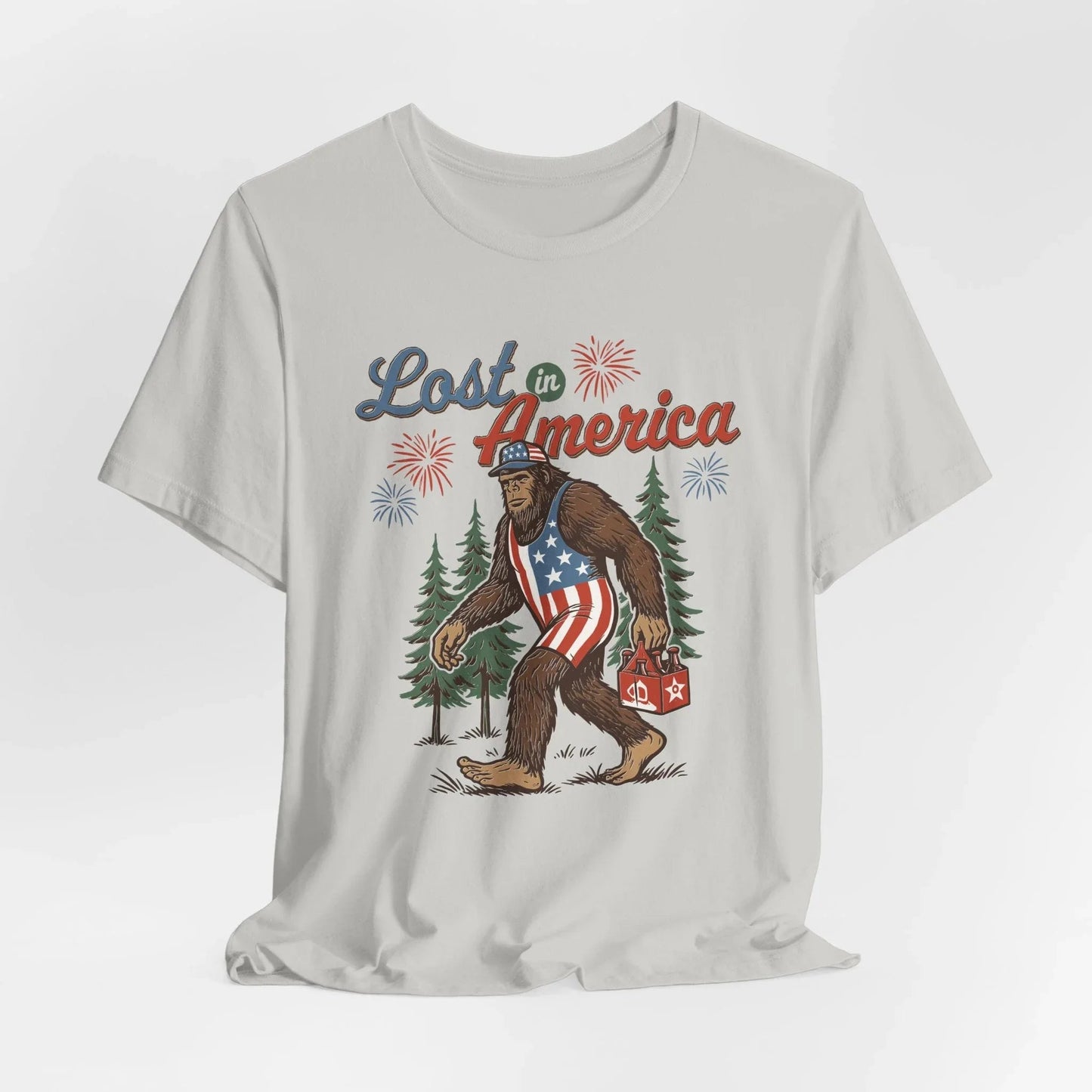 Lost in America Bigfoot Tee, Casual Summer Shirt, Outdoor Adventure Tee, Fun Gift for Nature Lovers, Festival Outfit, Patriotic Apparel - SKULLFURY MERCH
