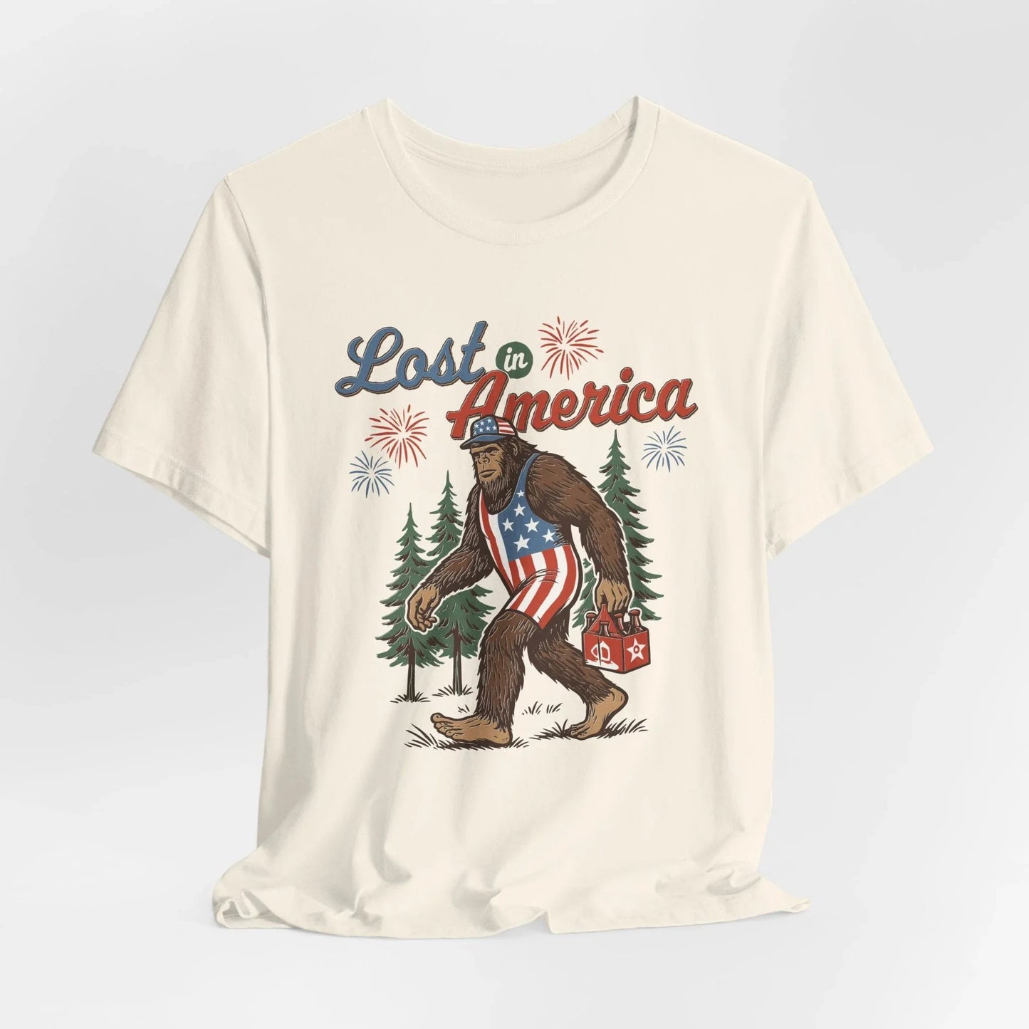 Lost in America Bigfoot Tee, Casual Summer Shirt, Outdoor Adventure Tee, Fun Gift for Nature Lovers, Festival Outfit, Patriotic Apparel - SKULLFURY MERCH