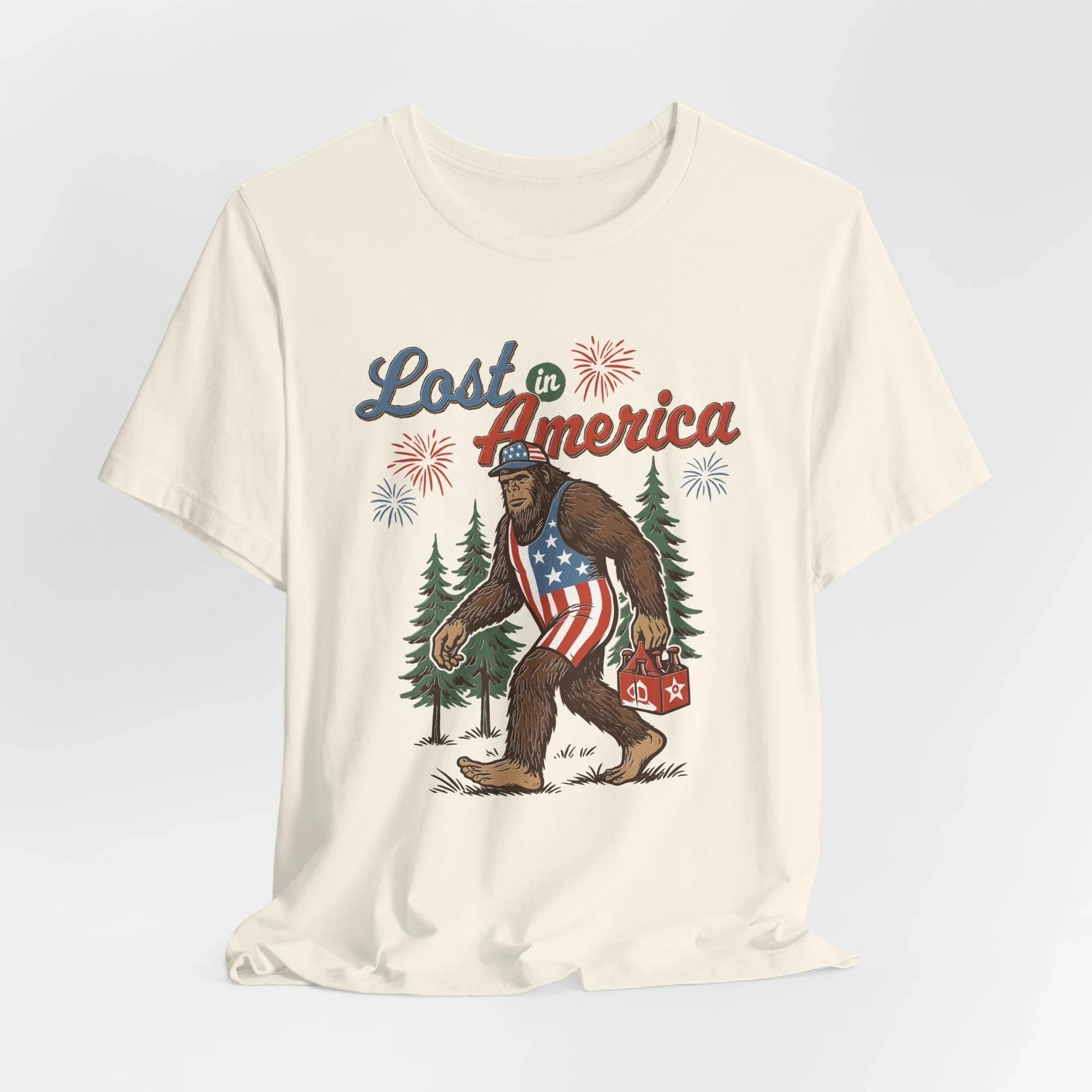 Lost in America Bigfoot Tee, Casual Summer Shirt, Outdoor Adventure Tee, Fun Gift for Nature Lovers, Festival Outfit, Patriotic Apparel - SKULLFURY MERCH