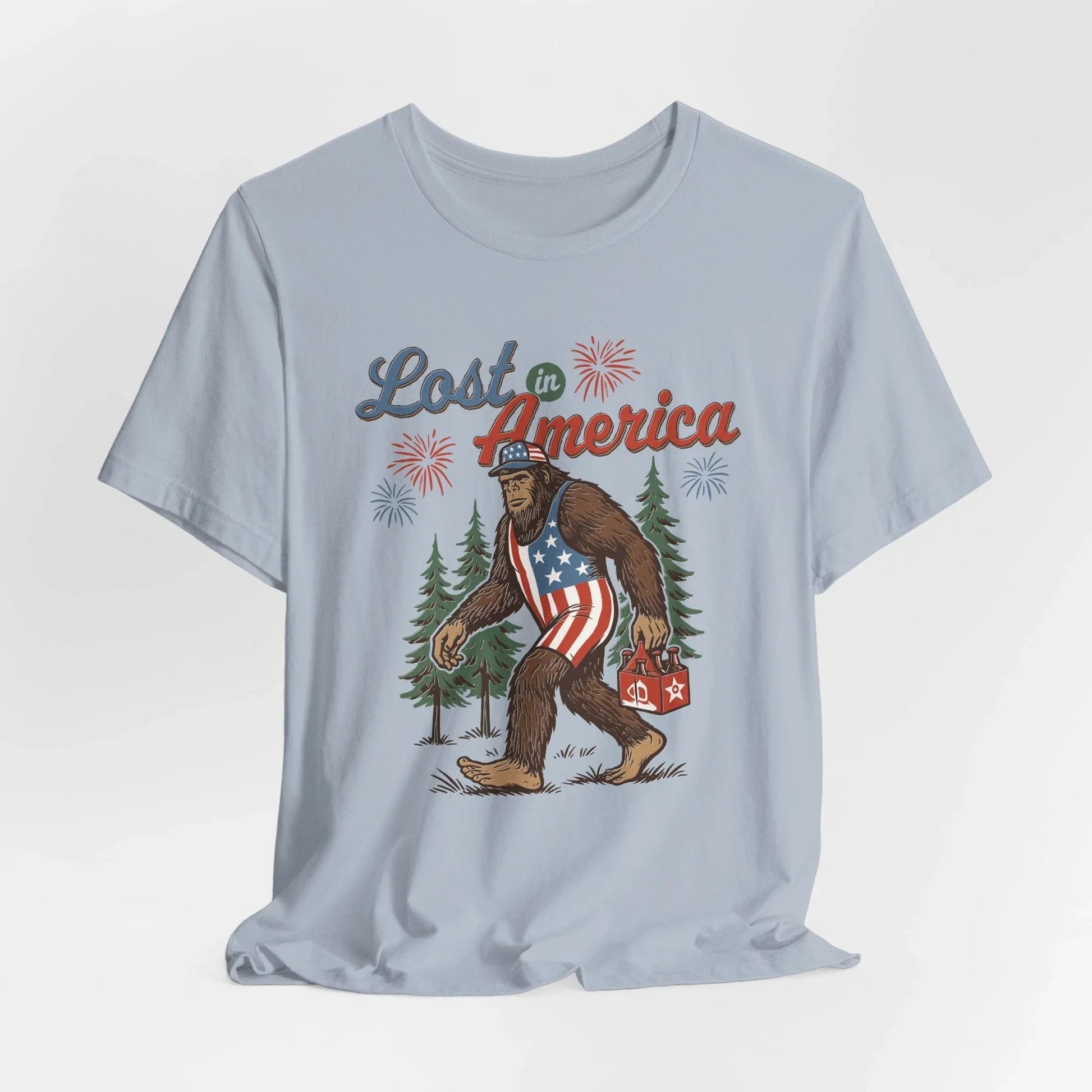 Lost in America Bigfoot Tee, Casual Summer Shirt, Outdoor Adventure Tee, Fun Gift for Nature Lovers, Festival Outfit, Patriotic Apparel - SKULLFURY MERCH